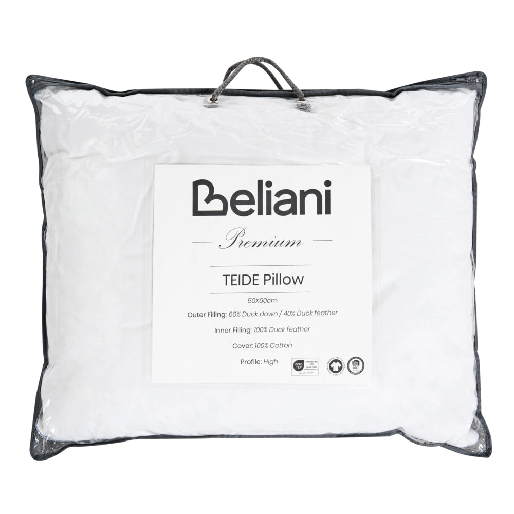 Cuscino alto a triplo scomparto Rivestimento in cotone premium Imbottitura in piuma d'oca Imbottitura in piuma Bianco 50 x 60 cm Teide