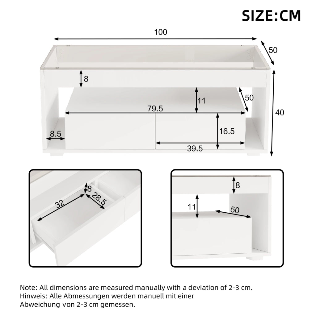 Tavolino da salotto moderno 100x50x40 cm in truciolare bianco con LED e piano in vetro temperato
