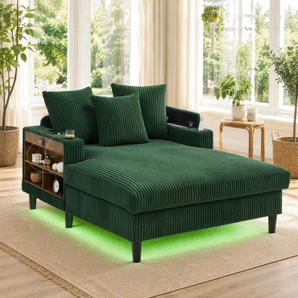 Chaiselongue in velluto a coste smeraldo con LED, portaoggetti e USB