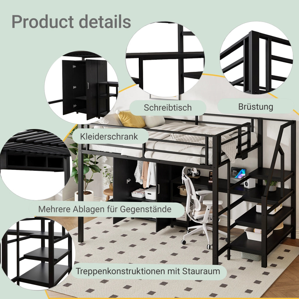 Letto a soppalco per bambini 140x200 cm con scrivania nero