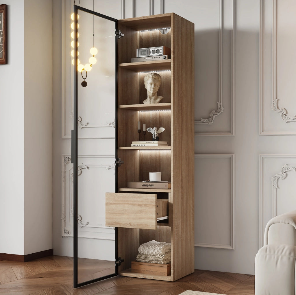 Mobile bagno compatto in MDF colore naturale con anta in vetro temperato