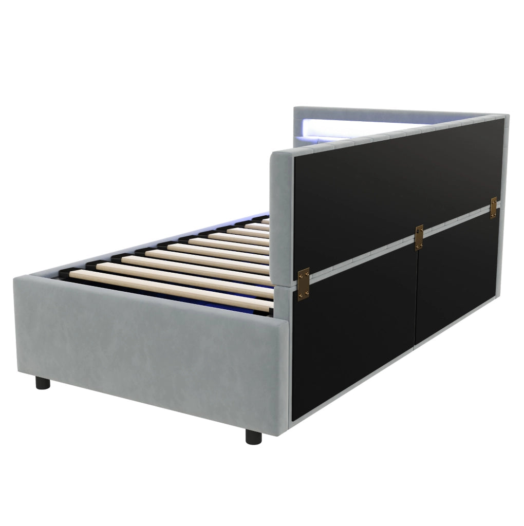 Divano letto 90x200 cm con LED e vano contenitore idraulico; in velluto grigio (Senza materasso)