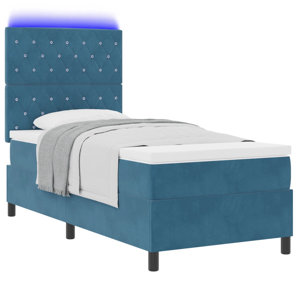 Letto Box Spring con Materasso e LED Blu Scuro 90x200 cm Velluto