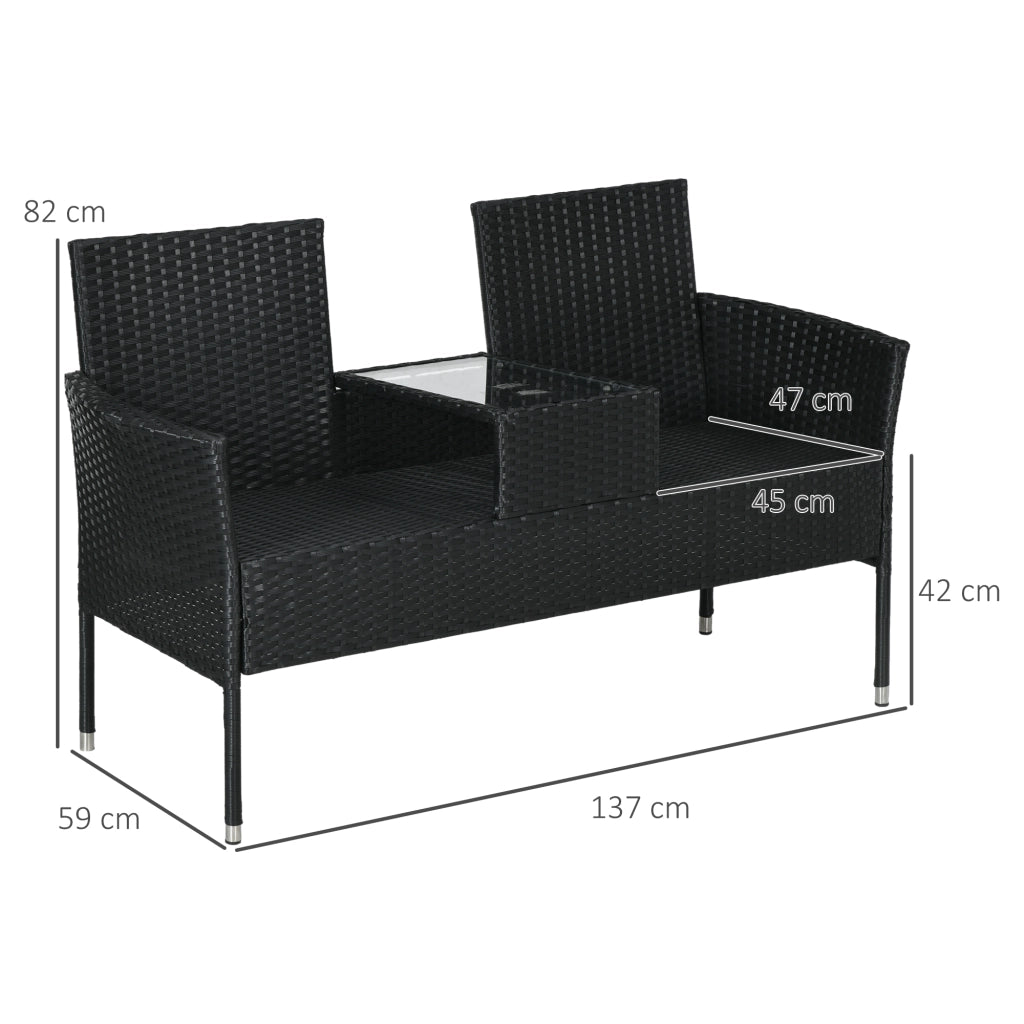 Divanetto per Esterni 2 Posti con Tavolino da Caff¨¨, in Acciaio e Rattan PE, 137x59x82 cm, Nero