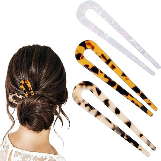 Haarklemmen con disegno a leopardo per donne - Set da 3 pezzi - Adatto per acconciature a spighe e stili di capelli vintage - 10 cm - Spilloni per capelli a forma di U francese