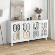 Credenza 160x40x84 cm con 4 ante; superficie specchiata; MDF bianco