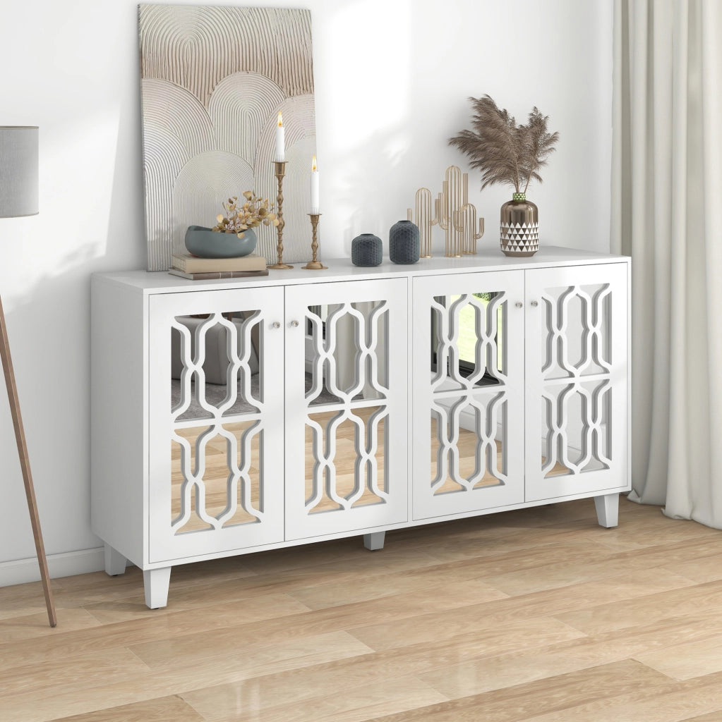 Credenza 160x40x84 cm con 4 ante; superficie specchiata; MDF bianco