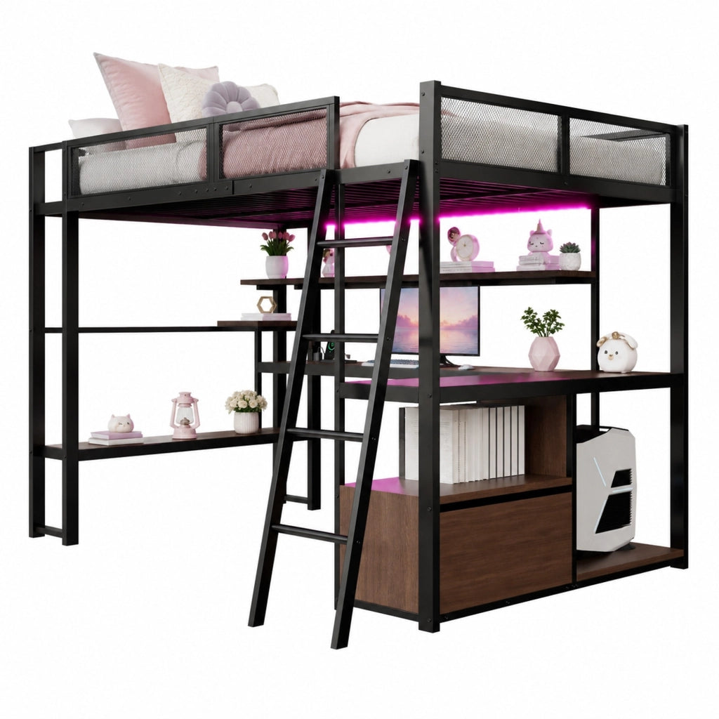 Letto a soppalco gaming 140x200 cm nero con scrivania, LED e ricarica