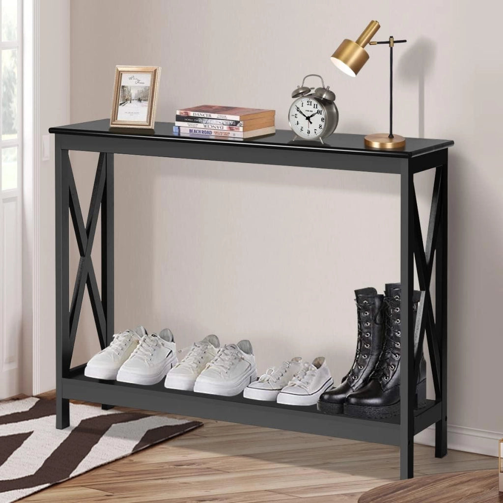 Tavolino Consolle da Divano, a 2/3 Ripiani, Stuttura a X, Portata di 50 kg, Compatto per Salvaspazio, Ideale per Camera, Soggiorno, Ingresso, 4 Colori (Nero, 100x30x80cm)