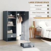 Armadio Moderno con 2 Cassetti, Ripiani Aperti e Vano Appendiabiti, 80x50x124 cm, Grigio Scuro