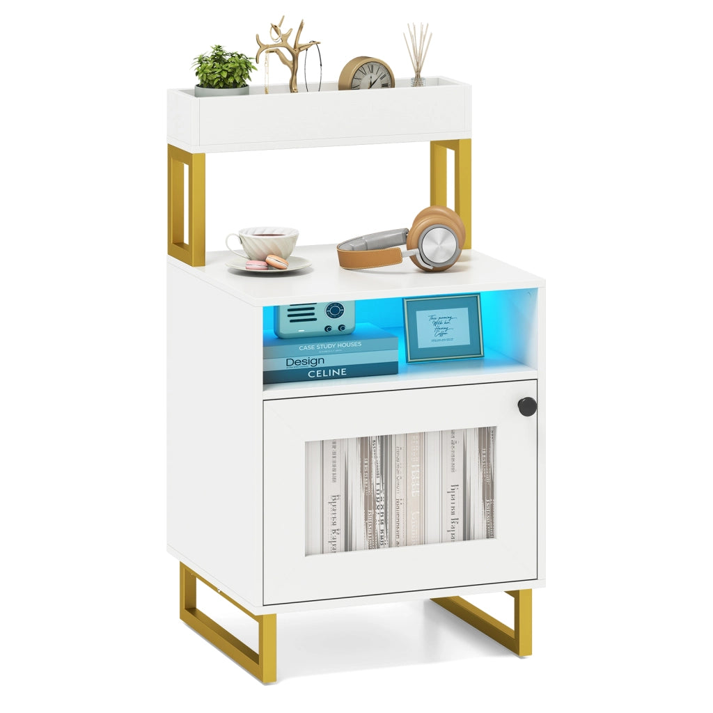 Comodino luci led vassoio superiore scomparto aperto armadio-Tavolino da notte  metallo resistente tavolino notte soggiorno camera letto Bianco