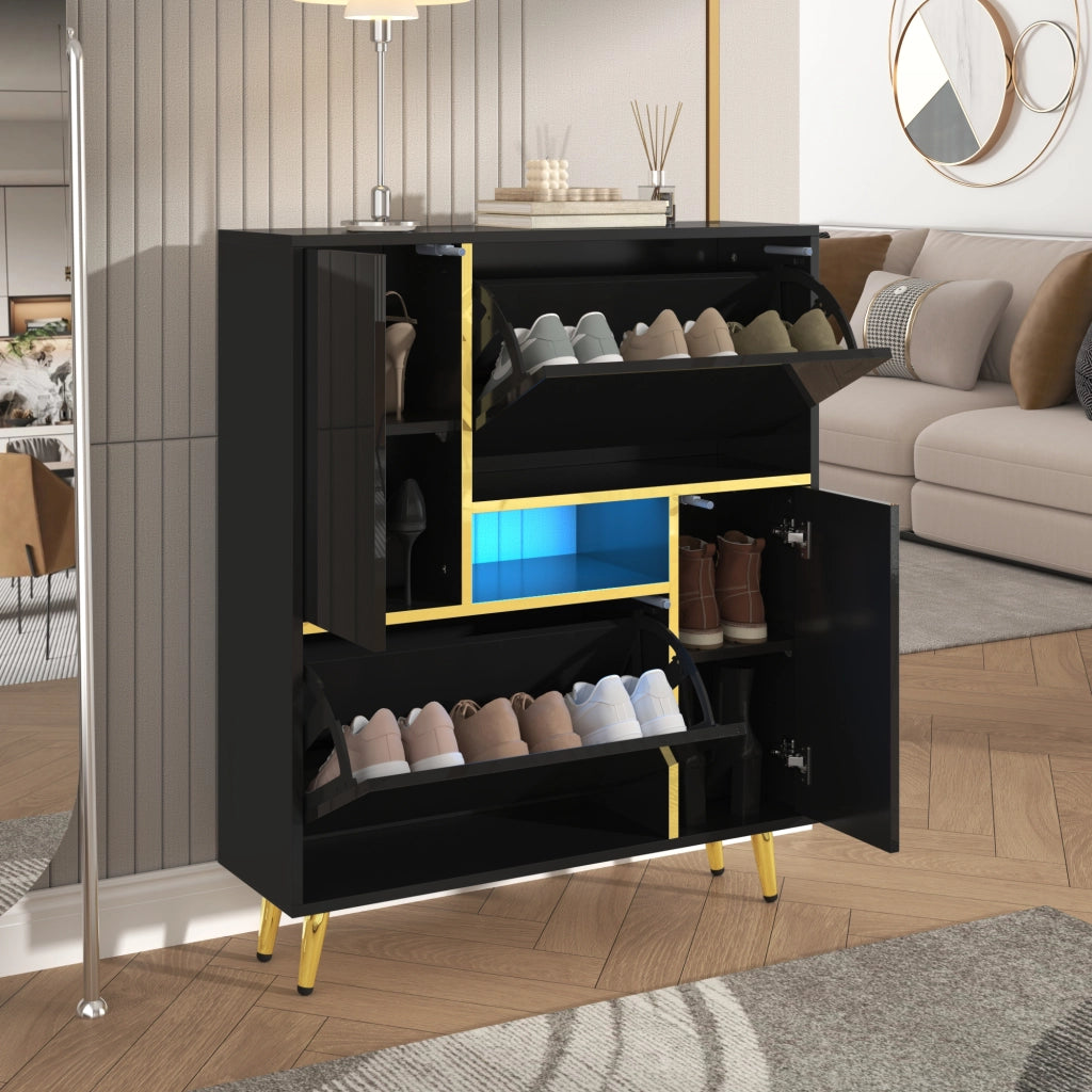 Scarpiera con due ante e ripiani regolabili, luce LED 16 colori, frontale lucido, nero, 80 × 25 × 96 cm