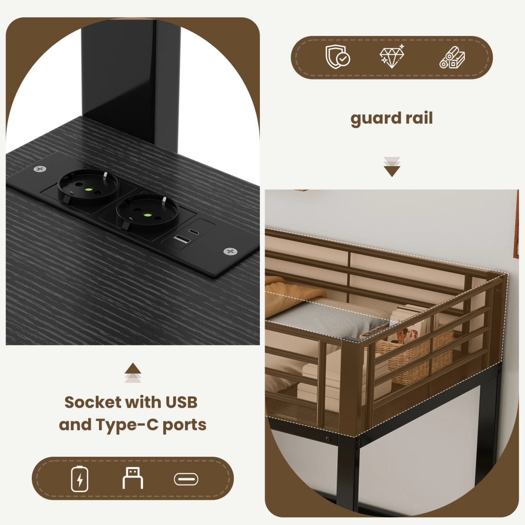 Letto a soppalco per bambini 90 × 200 cm con scrivania, prese USB e Type-C, ripiani, senza materasso, nero
