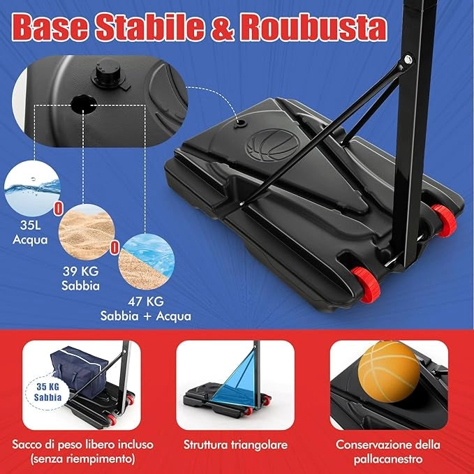 Canestro da Basket Regolabile a 10 Livelli, Canestro da Basket da Esterno Portatile con Tabellone da 82cm, 2 Ruote e Borsa