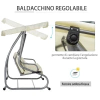 Dondolo Letto da Giardino 3 Posti con Tetto Regolabile e 2 Portabicchieri, 200x120x164 cm, Crema