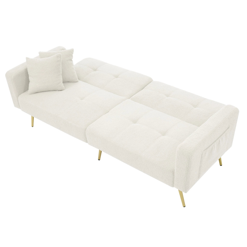 Divano Letto con Schienale Regolabile e 2 Tasche Laterali; in Tessuto Effetto Agnellato e Schiuma; Bianco; 175 x 64 x 72 cm