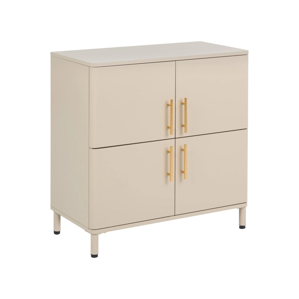 Credenza in acciaio beige a 4 ante con angoli arrotondati e maniglie dorate