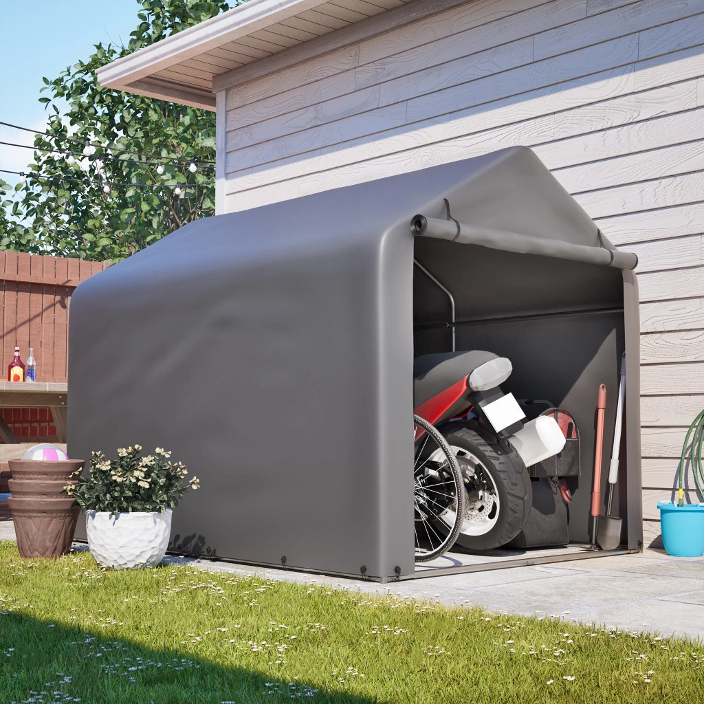 Garage per biciclette 160x220x165 cm grigio, porta a rullo, struttura in acciaio nero verniciato a polvere, PE resistente alle intemperie