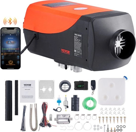 Stazione di riscaldamento diesel per auto - 5KW - 12V - riscaldamento automatico - ventilatore di aria - con display LCD & comando a distanza & app Bluetooth - per auto, camper, barche, camion - colore arancione