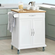 Trolley da Cucina - Credenza da Cucina - Trolley di Archiviazione - in Bambù - in MDF - Bianco - Marrone - 66 x 91 x 46 cm