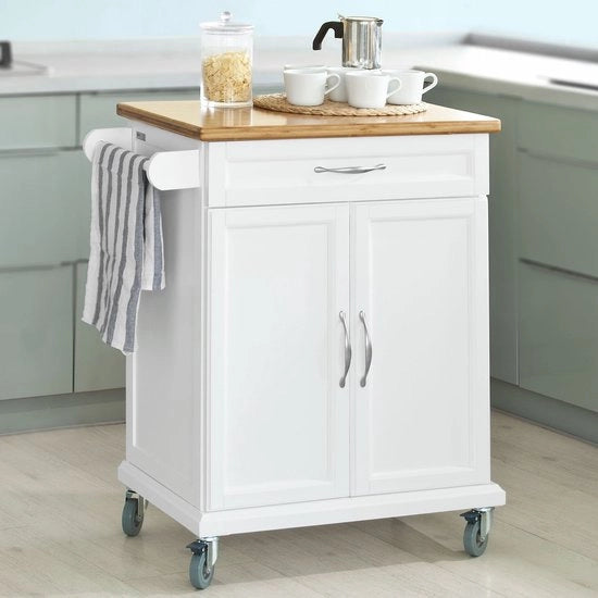Trolley da Cucina - Credenza da Cucina - Trolley di Archiviazione - in Bambù - in MDF - Bianco - Marrone - 66 x 91 x 46 cm