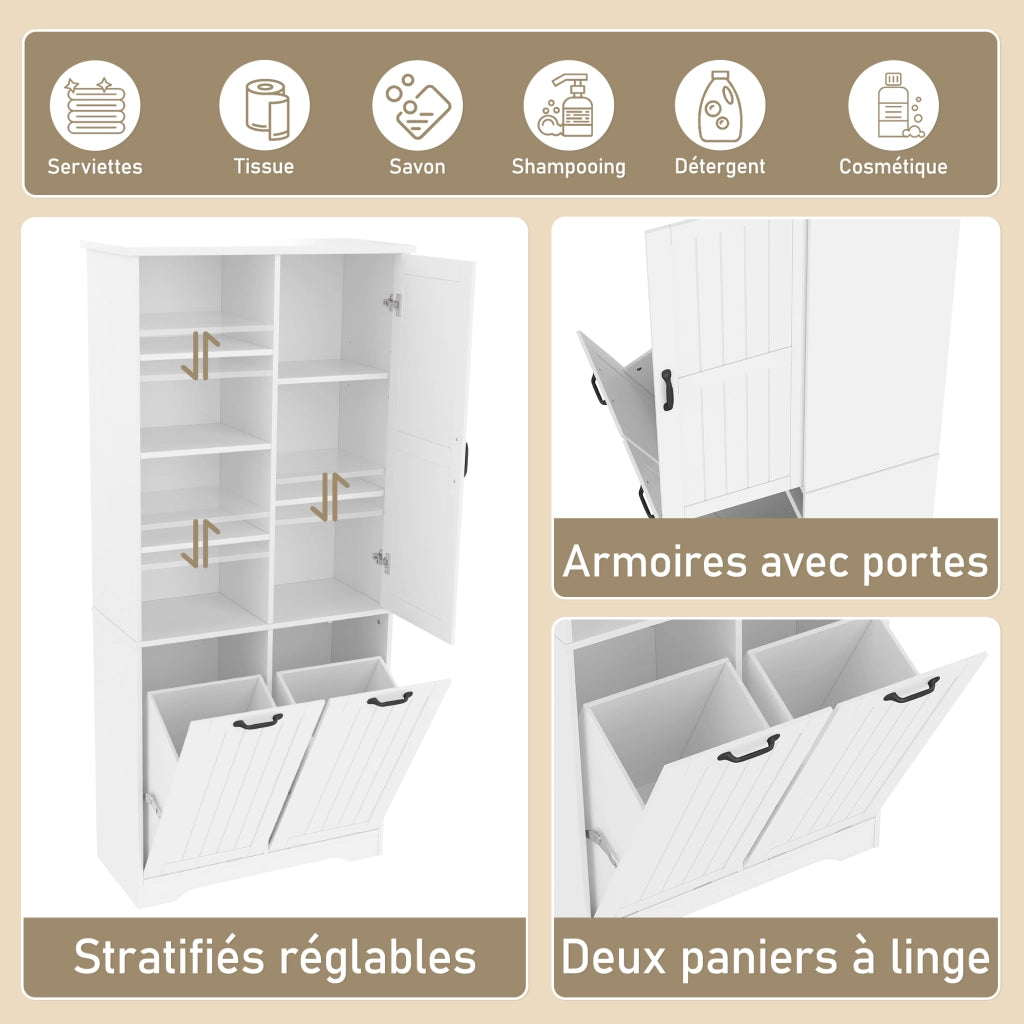 Armadietto da bagno in MDF con 2 cesti portabiancheria, 1 porta e ripiani regolabili, bianco, 78 × 35 × 172,7 cm