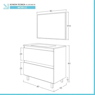 Mobiletto bagno a terra 80 cm 2 cassetti serie Oasi rovere con specchio e lavabo