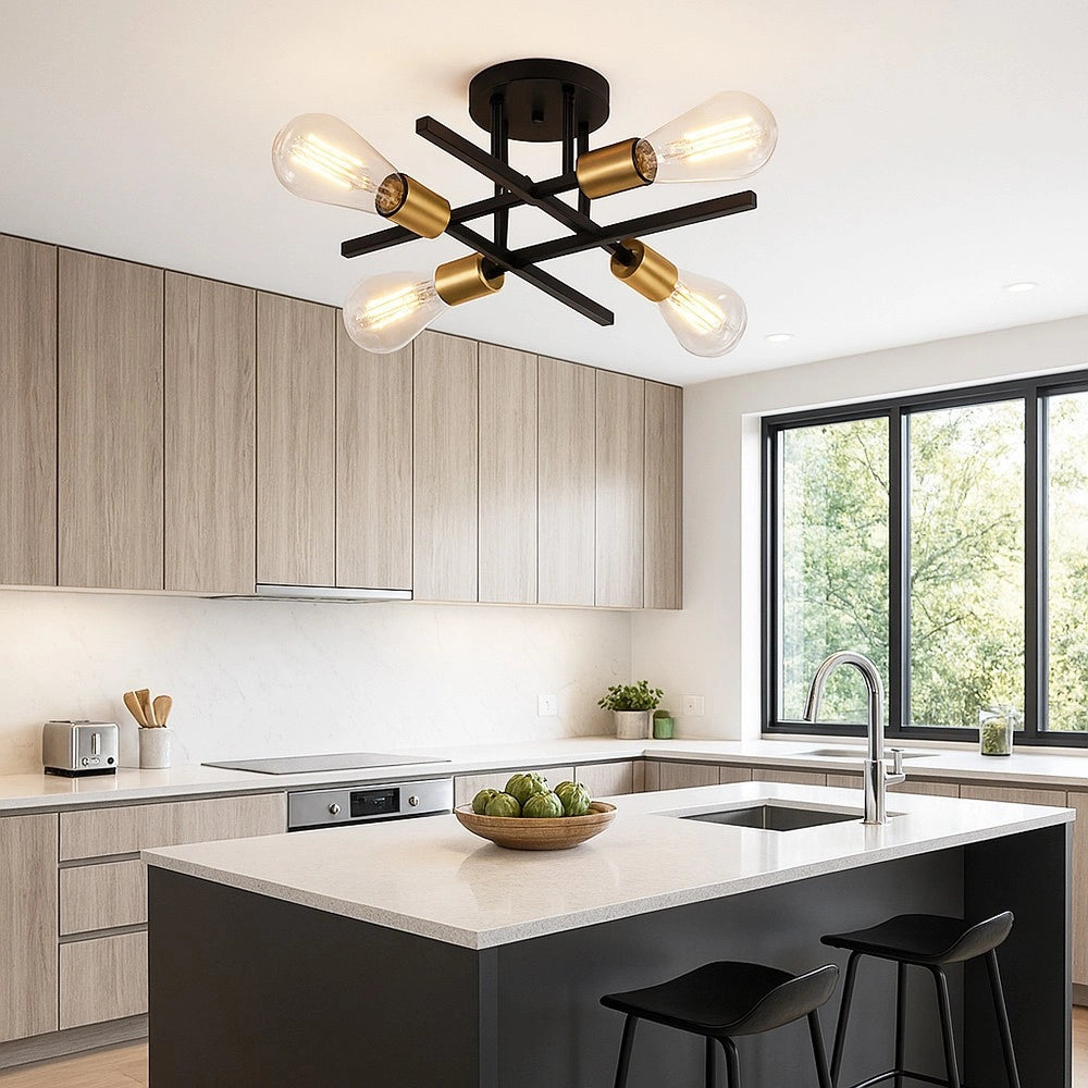 Trade Shop - Plafoniera A Soffitto Design Industriale Moderna Nero Oro 4 Portalampada Attacco E27 Pn-16 -