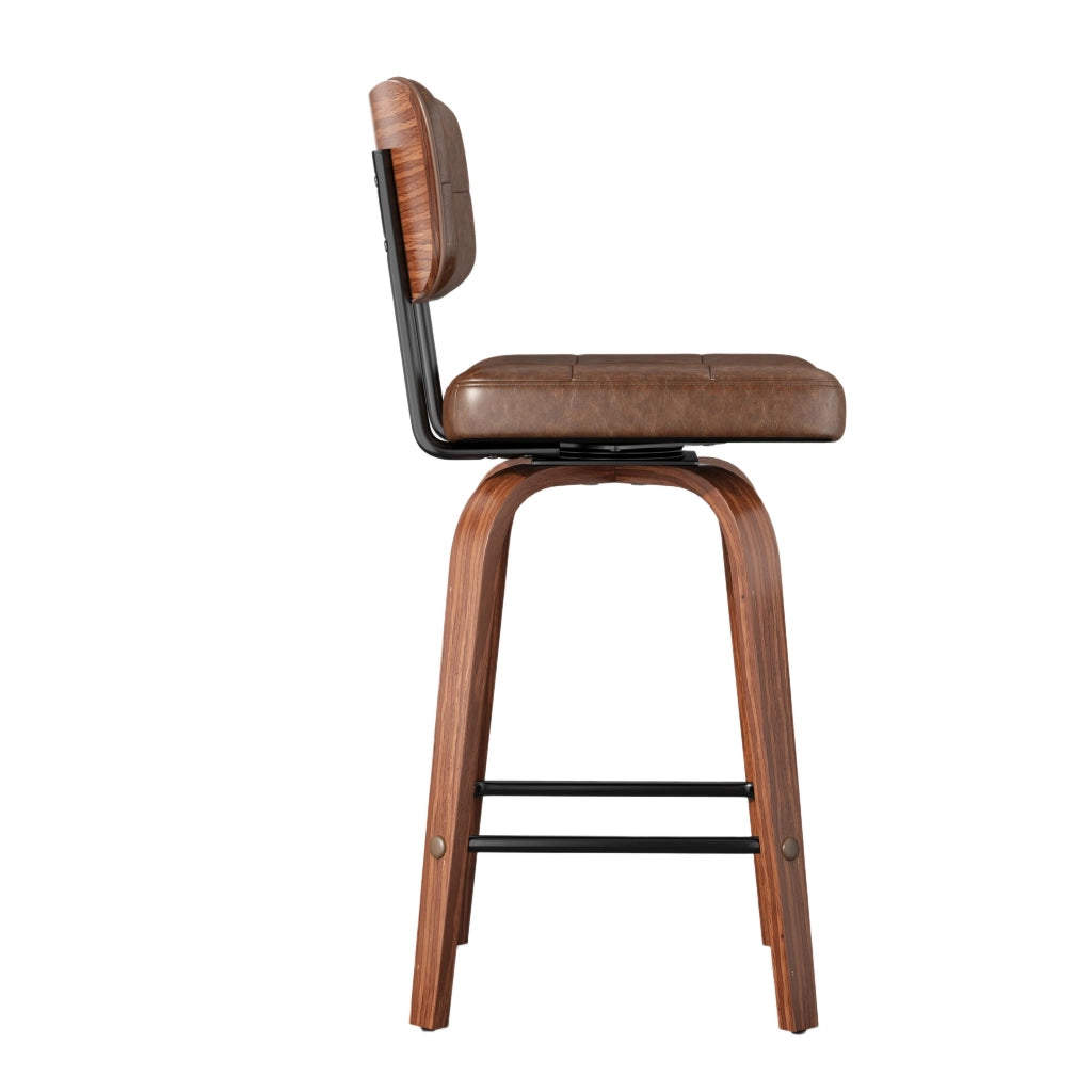 Sgabello da bar con schienale ergonomico e anello antiscivolo stile scandinavo in pelle pu e legno walnut brown
