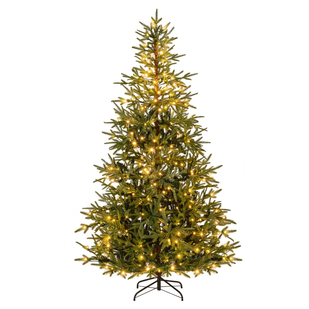 Albero di 210 cm natale artificiale pre-illuminato con luci led calde e multicolori, Albero base metallica pieghevole-Alberi di Natale