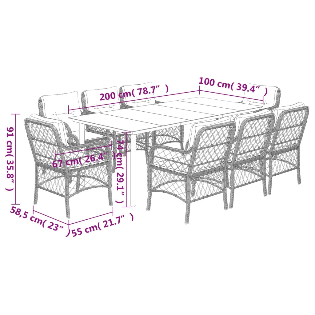 Set da Pranzo da Giardino 9 pz con Cuscini in Polyrattan Grigio 3212137