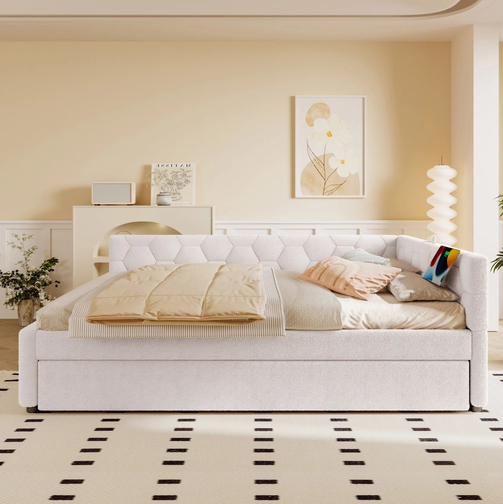 Letto con rete e letto estraibile 140 x 200 cm, bianco, con luce notturna e porte USB