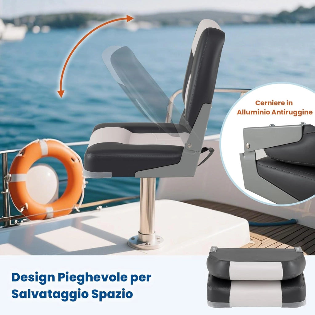 Set di 2 Sedie da Barca, Sedili Alti da Barca Pieghevole Morbide Imbottite Spesse, Sedile Nautica Ergonomico per Imbarcazioni da Pesca, 42 x 49 x 51 cm, Grigio e Bianco