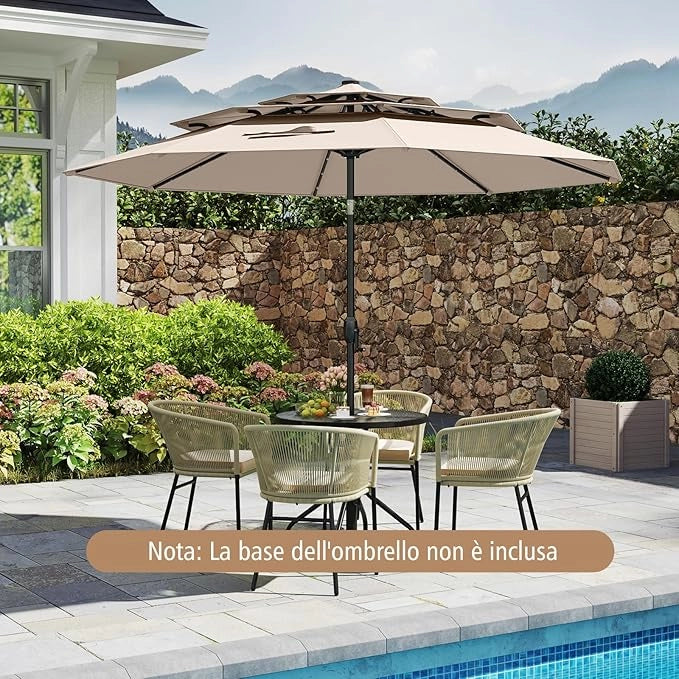 Ombrellone da Patio 313 cm con 32 Luci LED, Tetto Ventilato a 3 Piani, Inclinazioni Regolabili, Manovella, 8 Stecche, Ombrellone da Giardino, Piscina, Spiaggia