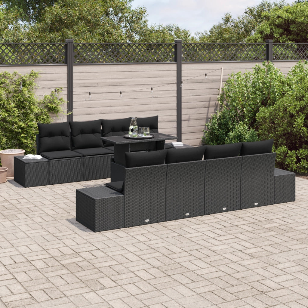 Set di Divano da Giardino 9 Pezzi con Cuscini Neri in Polyrattan