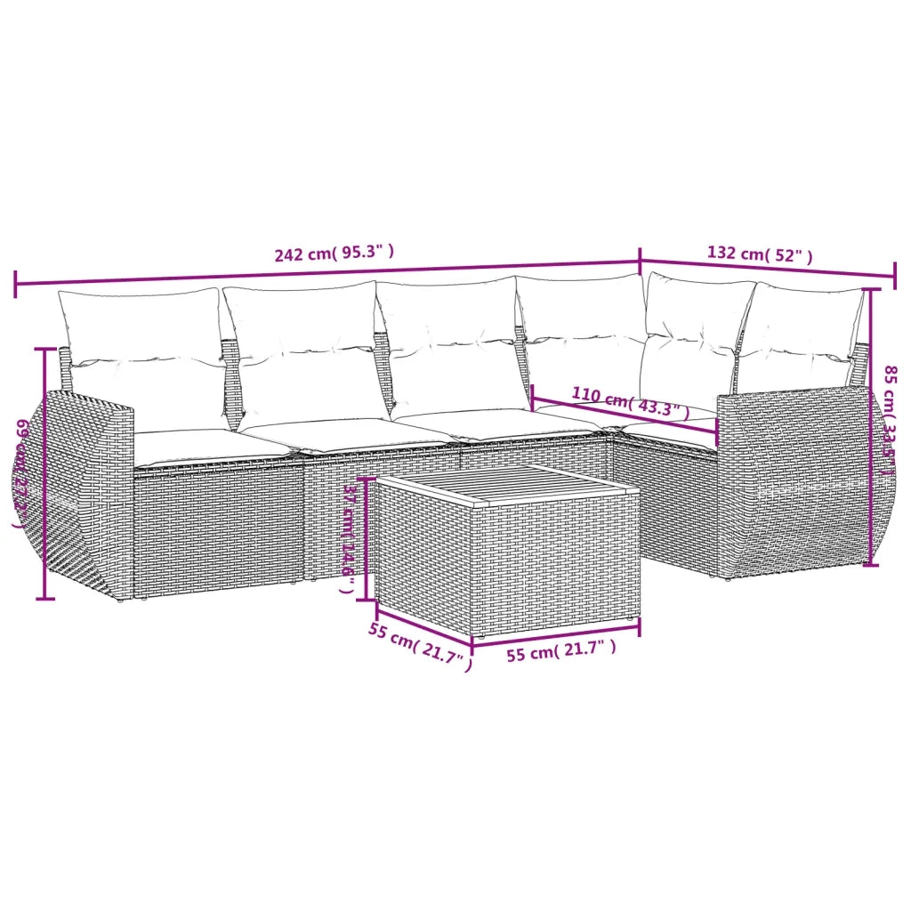Set Divano da Giardino 6 pz con Cuscini Nero in Polyrattan 3224992