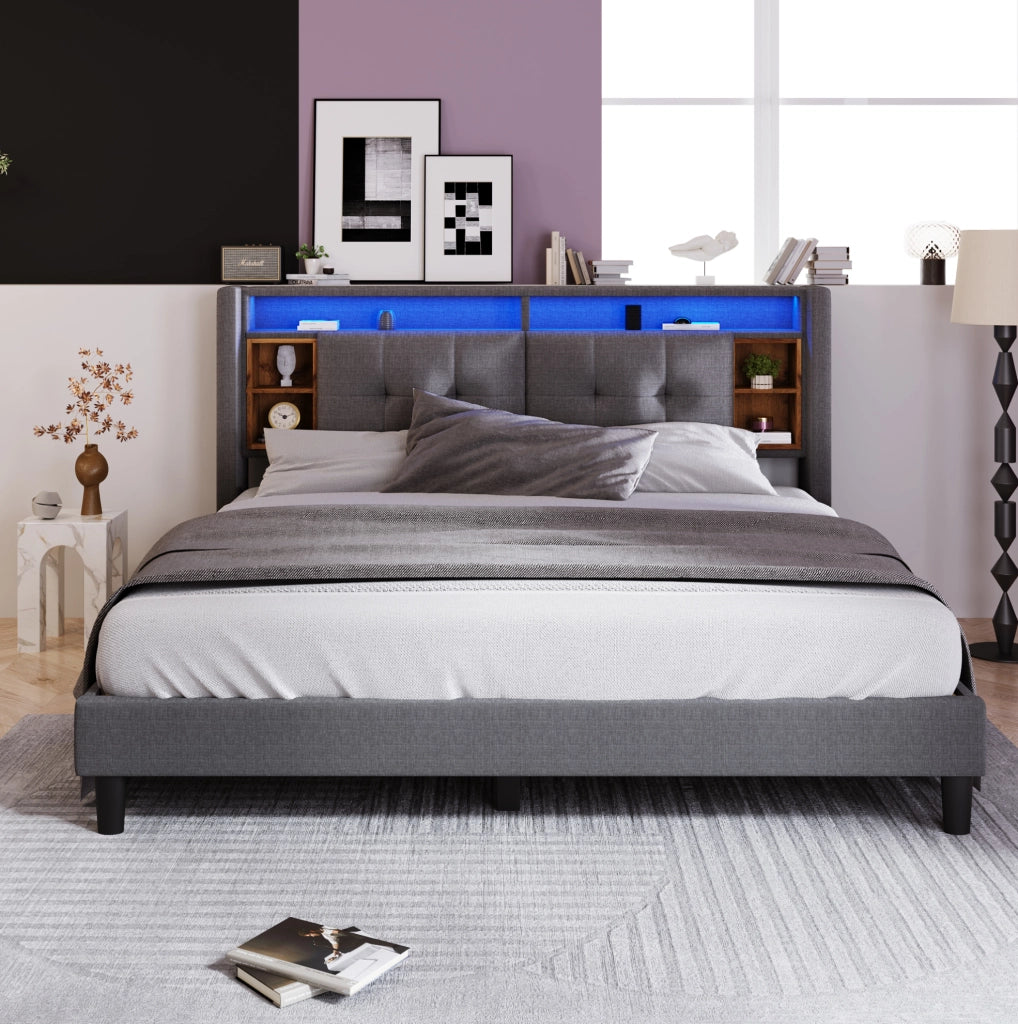 Letto matrimoniale imbottito 160x200 cm con testiera contenitore; USB e LED; grigio