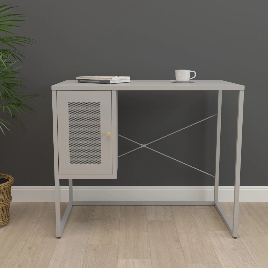 Scrivania Sund in Acciaio con Scomparto Chiuso con Anta 75x100x50 cm Grigio [en.casa]