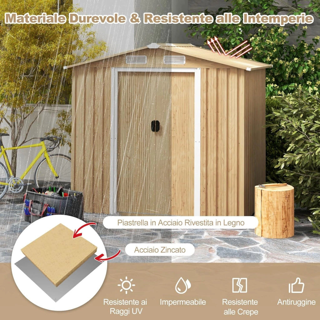 Casetta da Esterno 2,34㎡, Capanno Porta Attrezzi con Porte Scorrevoli, Maniglie, Sfoghi e Tettoia, Casetta da Giardino in Lamiera di Acciaio e Lamiera Zincata (196 x 142 x 186 cm)