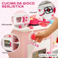 Cucina Giocattolo per Bambini 3+ Anni con Microonde, Piano Cottura e Lavandino, in Legno, 55x24x86 cm, Rosa