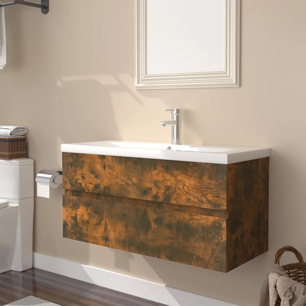 Mobile Bagno con Lavabo | Armadio Lavabo Integrato Rovere Fumo Legno Multistrato