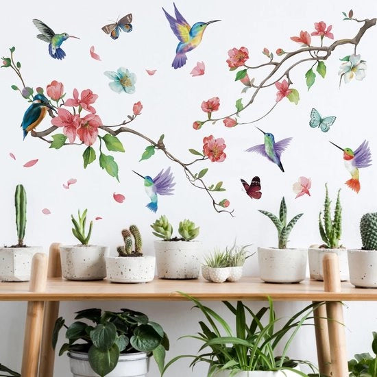 Decorazione per Parete con Fiori di Rosa - Muurstickers per Camera da Letto e Sala - Decorazione per Parete con Disegno di Kolibrie - Verificato per Rimosso e Autoadesivo
