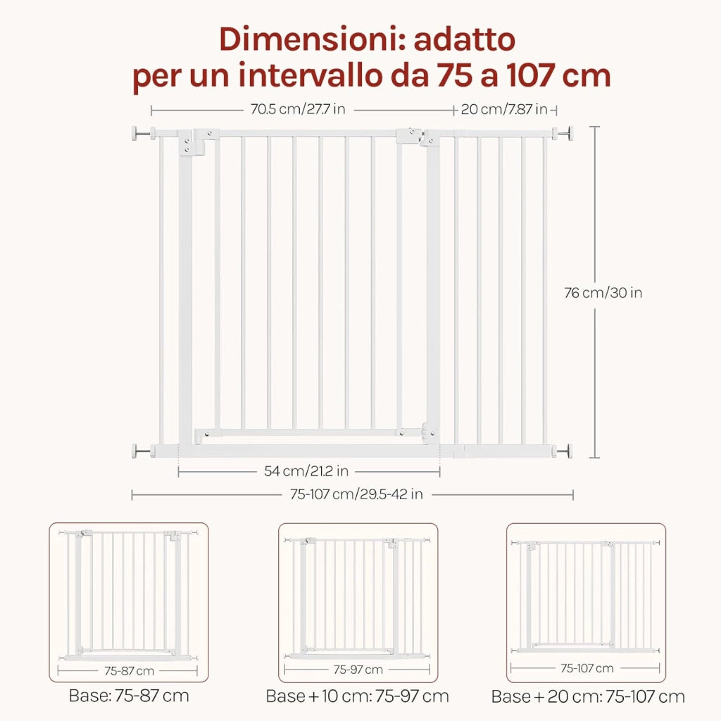Cancelletto per Bambini in Metallo, Cancello per Scale e Porte con Apertura 75-107cm, Cancelletto per Cani Apribile in 2 Direzioni, Chiusura Doppia, Montaggio con/senza Foratura, Bianco