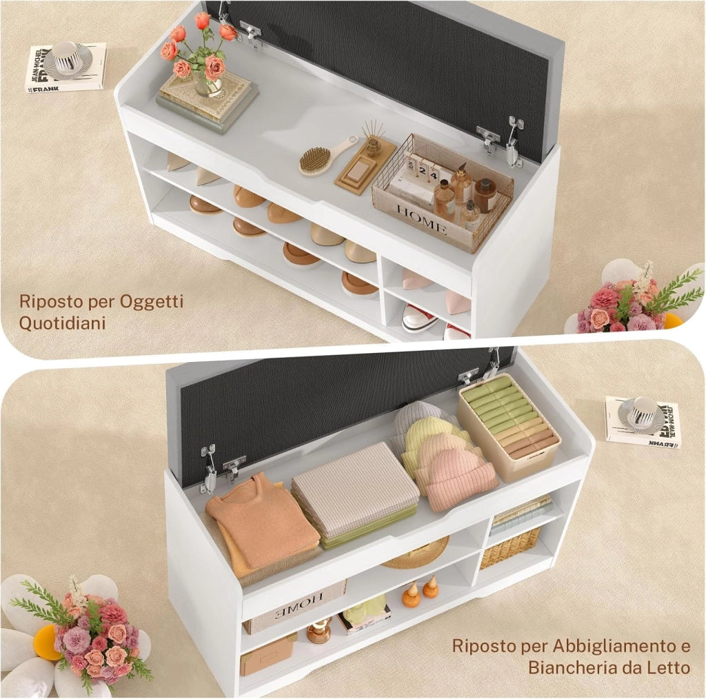 92cm Scarpiera Panca,Panca Contenitore con Cuscino,2 Ripiani Regolabili,Scarpiera per Ingresso, Camera da Letto,92x35x50cm (Bianco)