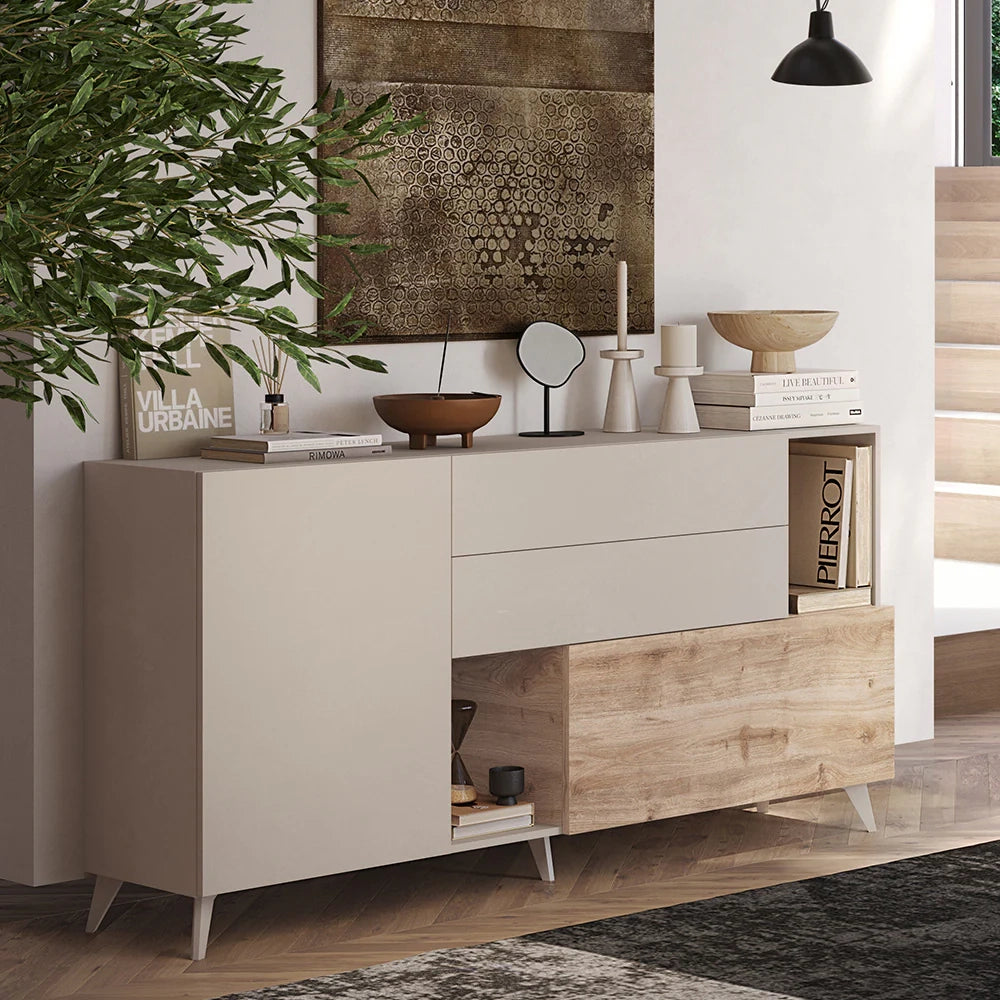 Madia 1 anta, 2 cassetti e 2 vani Linea MONACO L 181 x H 94 x P 42, realizzata in legno 100% MADE IN ITALY, design moderno per cucina, sala da pranzo, soggiorno colore Cashmere/Rovere