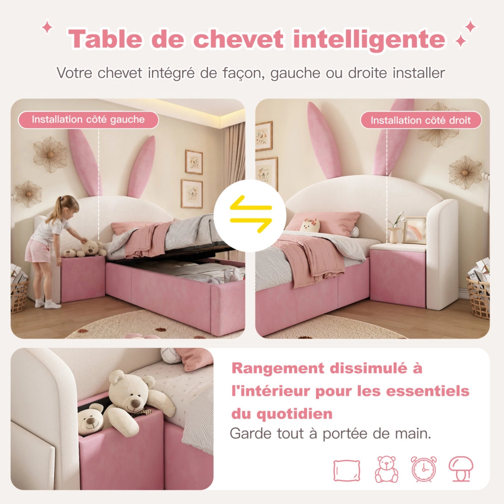 Letto imbottito 90x200 cm con contenitore idraulico e comodino integrato; velluto beige e rosa