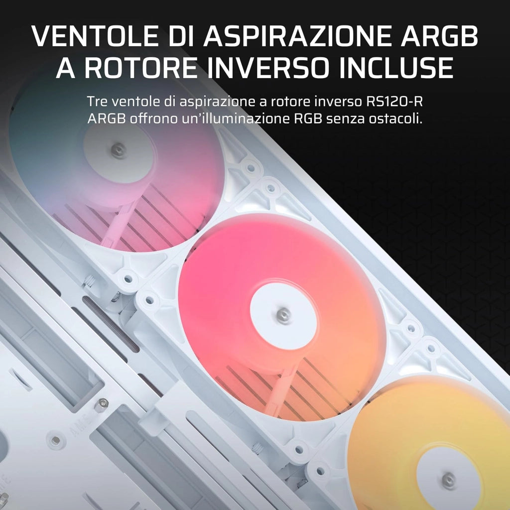 FRAME 4500X RS-R ARGB Case Mid-Tower per PC con Vetro Panoramico – Sistema di Montaggio InfiniRail, Adatto a Due Radiatori da 360 mm, Anti-Sag della GPU, Include 3 Ventole RS120R – Bianco