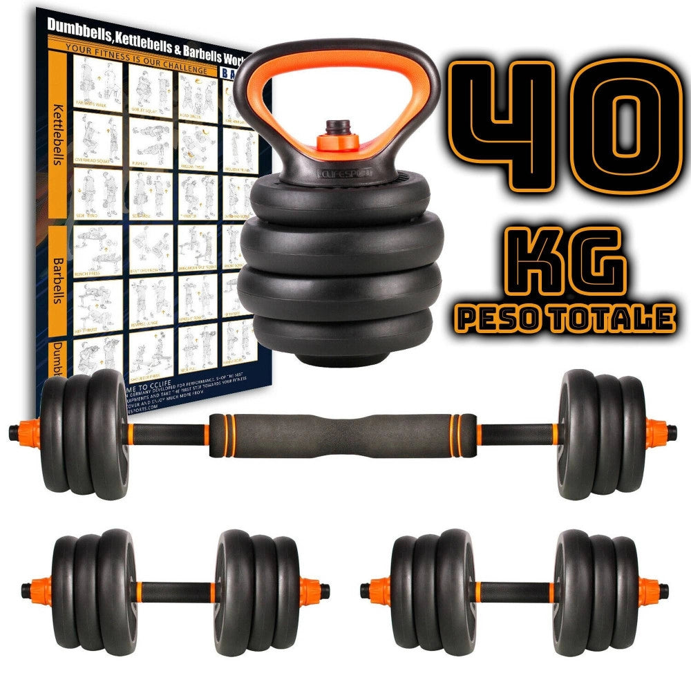 Trade Shop - Set 6in1 Multifunzione Peso 40 Kg Manubri Con Bilanciere E Kettlebell Componibile -