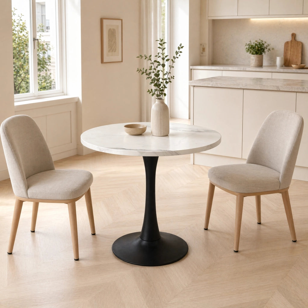 Tavolo da pranzo rotondo 80 cm in MDF e metallo; effetto marmo bianco; bianco e nero