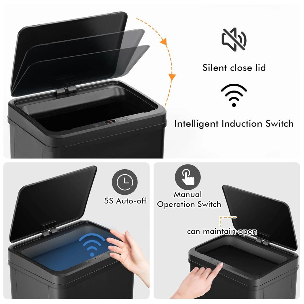 Pattumiera in acciaio inox, pattumiera automatica da 50 l, gambe staccabili, interruttore a induzione intelligente, coperchio silenzioso in ABS, per cucina (nero)